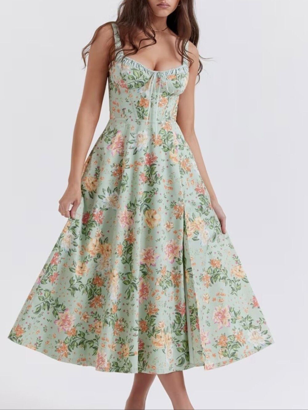 Princess Fit Midi Floral Corset Midi Dress - Pastel Green Peach  Floral Sz Small